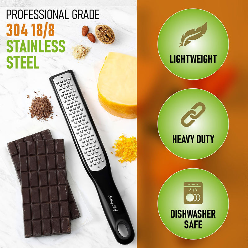 Spring Chef Premium Lemon Zester Grater with Handle - Ginger, Nutmeg, Garlic Grater - Heavy Duty Kitchen Tool - Stainless Steel Citrus Zester with Blade Cover - Fine & Coarse Shred, Set of 2, Black Fine & Coarse Zester