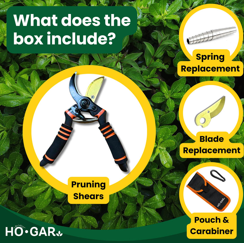 HO.GAR Premium Titanium Bypass Pruning Shears Kit: Heavy Duty Professional Hand Pruners, Gardening Scissors, Ergonomic Secateurs. Includes Blade and Spring Replacement + Pouch + Carabiner