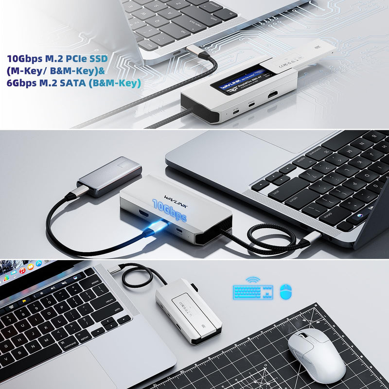 WAVLINK 8 in 1 USB C Hub with M.2 NVMe/SATA SSD Enclosure 10Gbps, 4K HDMI, USB-C/A 10Gb, 100W PD, Aluminum Alloy USB C SSD Enclosure for M.2 NVMe SATA SSD forM1/M2/M3/M4 macOS Systems