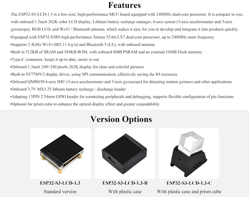 ESP32-S3 with1.3inch Display Development Board, Onboard 1.3inch IPS LCD 262K Color, 240x240 Pixels, Built-in ST7789V2 Chip and 6-Axis IMU, RGB LCD, SPI, Supports 90° Hardware Rotation (with Case)