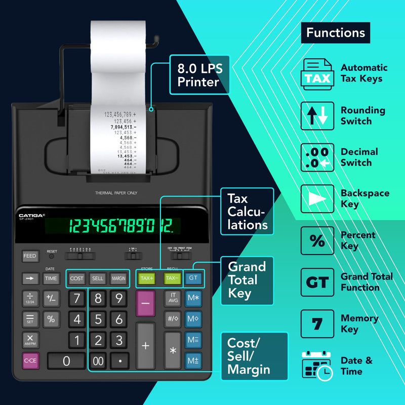 CATIGA 12 Digit Thermal Printing Calculator with Tape Print Out, Ink-Free Adding Machine, 5X Faster Quite at 8.0 LPS, Extra Large Fluorescent Display, Tax Calculation with Clock and Calendar, SP-2401 Black