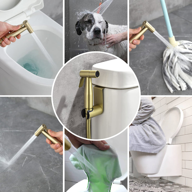SHAMANDA Handheld Bidet Sprayer for Toilet, Stainless Steel Baby Cloth Diaper Sprayer Kit, Bathroom Toilet Bidet Attachment Set for Bathing Pets Feminine Hygiene, Brushed Gold BDS01-3 Cold Water Mode Only