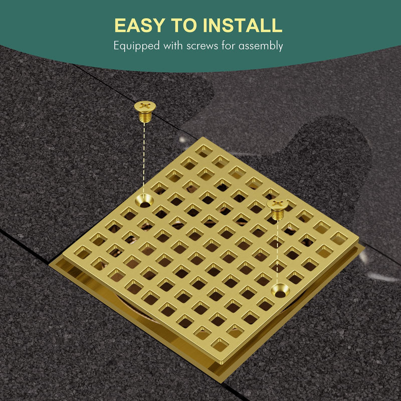 3-7/8" Brushed Gold Shower Drain Cover - Square Floor Drain Cover Replacement - Hair Catcher/Drain Strainer for Bathrooms, Showers, and Sinks - SUS304 Stainless Steel