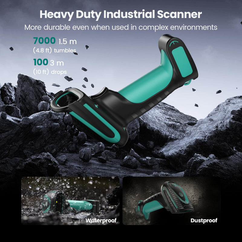 Wireless Barcode Scanner with Stand, Industrial 1D 2D QR Bluetooth Barcode Scanner for Android, iOS, Windows, Mac, USB Bar Code Reader Scanner with Drop Resistant Dustproof Waterproof Green