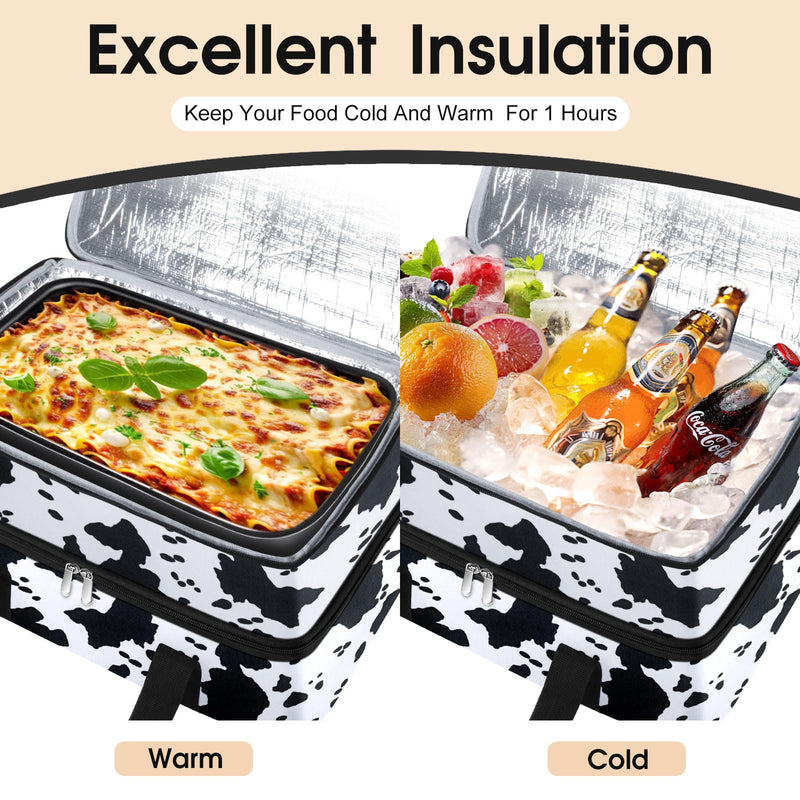 Double Insulated Casserole Carrier, Portable Casserole Carrier for Hot or Cold Food Lunch Tote Warmer or Cooler Bag, Lasagna Lunch Bag for Potluck Parties- Fits 9" x 13" Baking Dish-Cow Pattern 16x10x7.2 in Cow Pattern