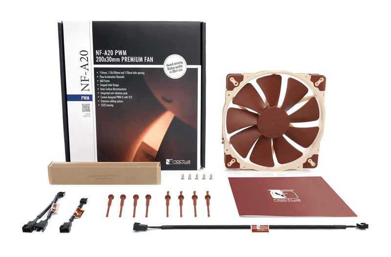 Noctua NF-A20 PWM, 4-Pin Premium Quiet Fan, 200mm, Brown | High air flow, low noise, 30 mm fan, for PC & electronics cooling, large accessory set, 800RPM 4-pin PWM