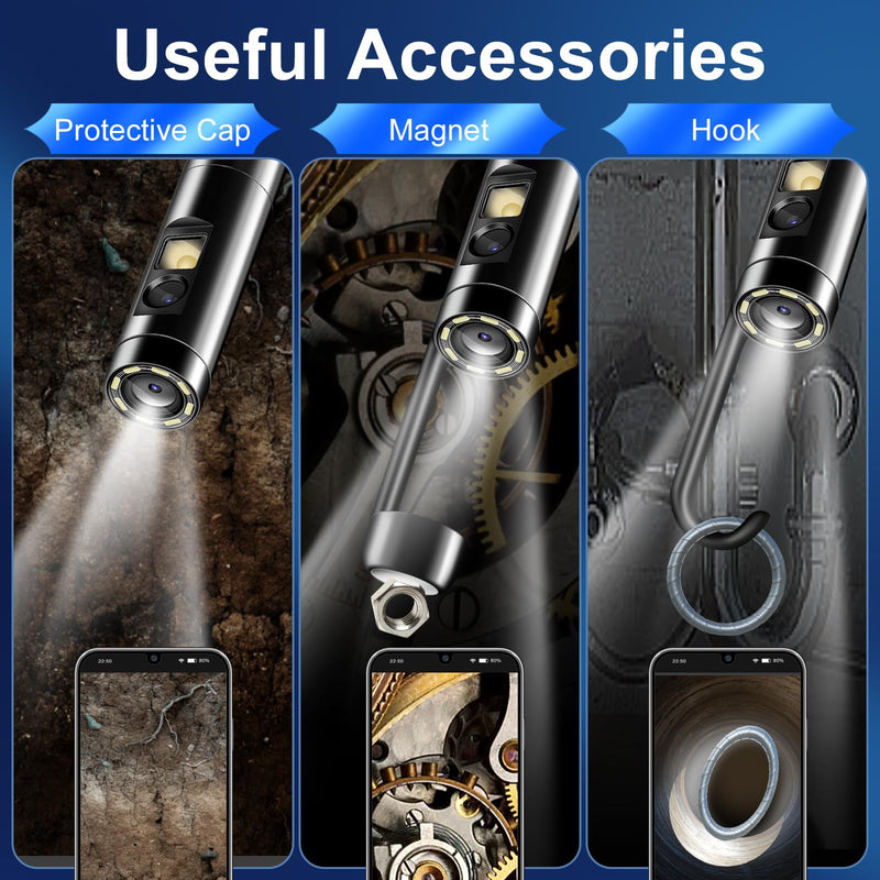[Dual Lens] Endoscope Inspection Camera by AURTEC, Dual HD Lens, IP68 Waterproof, 33FT/10M Semi-Rigid Cable, Borescope Camera with LED Lights, Compatible with Android and iOS Devices 33 ft