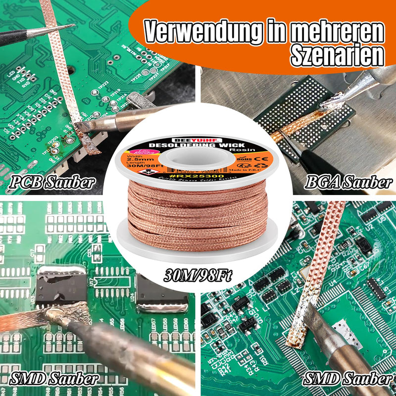 BEEYUIHF Desoldering Braid, 30M - 98ft Desoldering Wire, 2.5mm No-Clean Solder Desoldering Braid, Wicks Strands for Desoldering, Desoldering Wick for Removing Solder for Disassembling Electrical Components 30m Spool 30M - 98ft Length