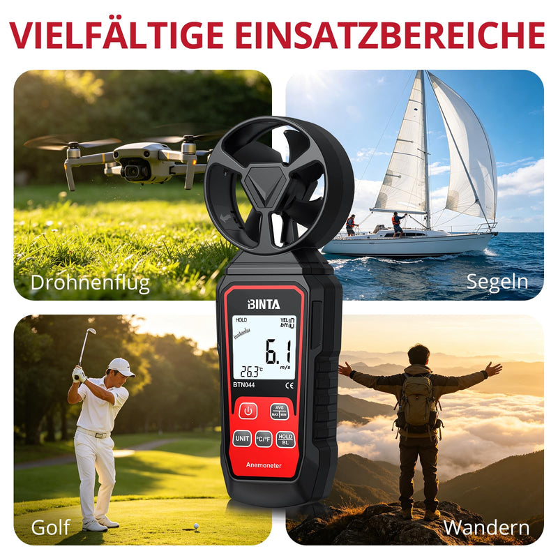 BINTA Digital Anemometer Windmesser digitales Windgeschwindigkeitsmessgerät | Windmessgerät mit Windgeschwindigkeit/Windkühlung, ℃/℉, Max/Min/Durchschnitt/Echtzeitmessung mit Hintergrundbeleuchtung