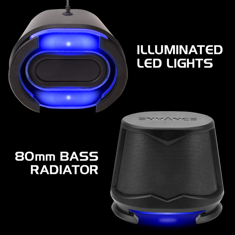 ENHANCE SB2 PC Speakers with Blue LED Glow Lights and 2.0 USB Powered Design - 10W Peak Sound, 3.5mm Wired Connection, in-Line Volume Control - Compatible with Gaming Desktop, Laptop, PC - Black