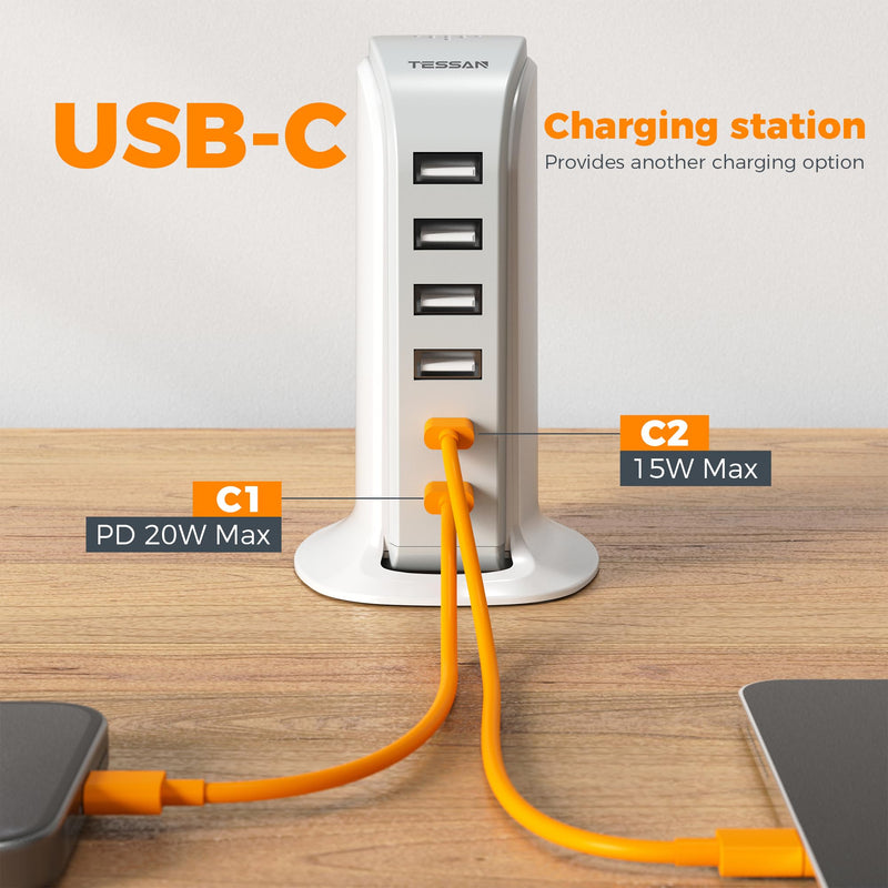 40W USB Charging Station for Multiple Devices, TESSAN Cell Phone Fast Charger Tower for iphone13/14/15, ipad, Tablet, Earphone with 6 USB Blocks(2 USB C) for Home Office Travel Accessories White