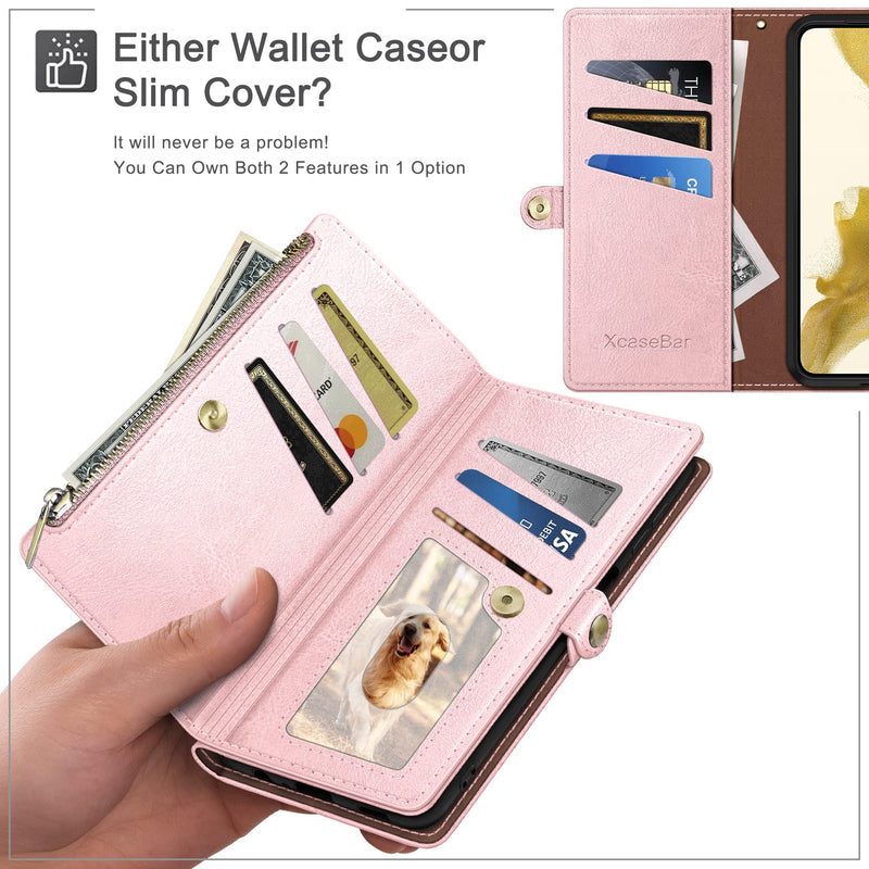 XcaseBar for Moto G 5G 2024/G Play 2024 Wallet case with Zipper Credit Card Holder【RFID Blocking】,Flip Folio Book PU Leather Phone Shockproof Cover Women Men for Moto G Play 2024 case Rose Gold