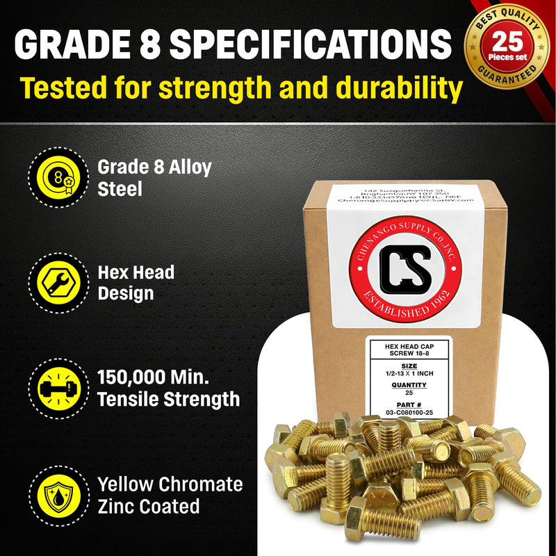 Chenango Supply 1/2-13 x 1 Grade 8 Hex Head Bolts – Alloy Steel, Yellow Zinc Chromate, USS Coarse Thread, High-Strength Hex Head Cap Screws, (25 Pieces, 1/2-13 x 1 G8) 25 1/2-13x1