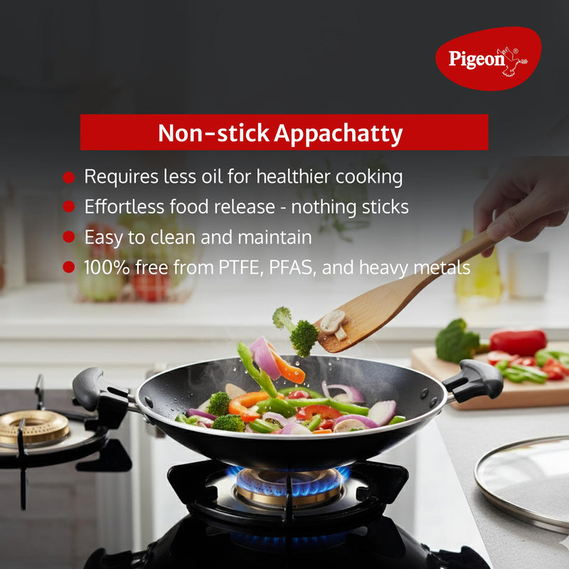 Pigeon Non Stick Appam Pan, 8" Appam Kadai with Stainless Steel Lid, Residue Free Appam Maker for Induction Cooker, Appa Chatty Breakfast Appam Pan Patra, Palappam Maker, Egg Hopper Pan for Omelettes