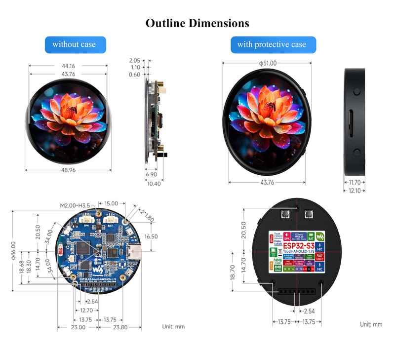 ESP32-S3 1.75inch AMOLED Round Touch Display Development Board, 466×466 Pixels, QSPI Interface, Onboard Dual Digital Microphone Array, Supports AI Speech Interaction, with Speaker and Case