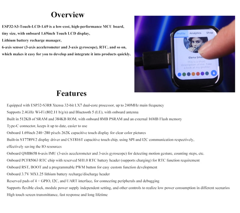 ESP32-S3 1.69inch Touch Display Development Board, 240×280 Pixels, 262K Color, Micro LCD Display with ESP32-S3, Accelerometer and Gyroscope Sensor ESP32-S3 1.69inch Touch Display