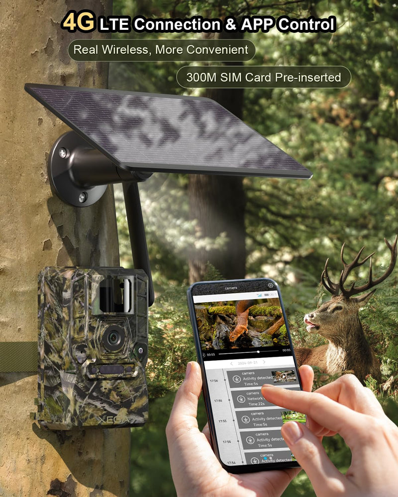 Xega 4G Solar Cellular Trail Camera with Live Feed, 2K GPS 7800mAh Wildlife Camera, No Glow 940nm Night Vision Motion Detection Instant Alarm 2-Way Audio Cloud/TF, Only Support The Build-in SIM Card