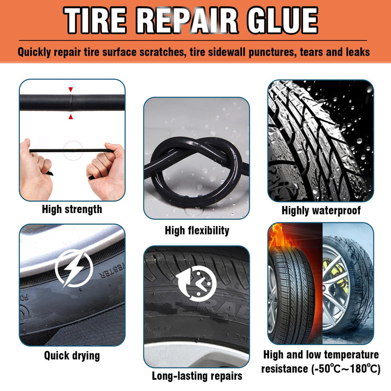 Tire Repair Glue 50ml, Black Tire Glue Sidewall Repair, Rubber Cement Tire Repair, Two Sizes Tire Repair Nail, Sidewall Tire Repair Kit for Car, Motorcycle, Bike, Off-Road, Truck, Tractor