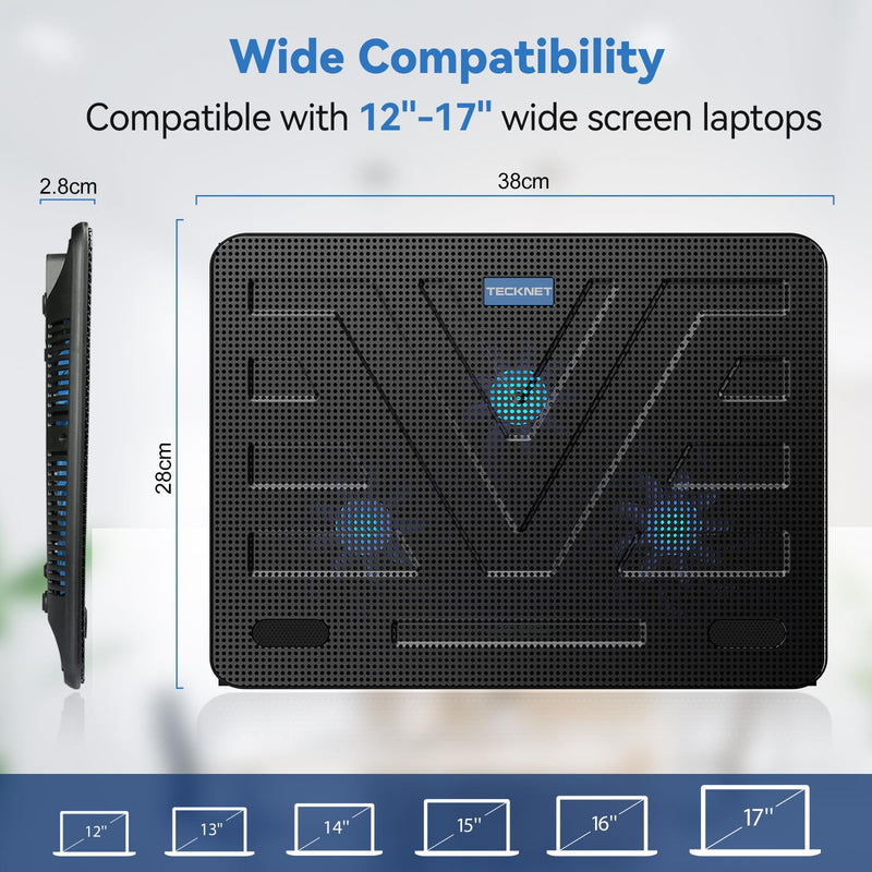TECKNET Laptop Cooling Pad, Portable Slim Quiet USB Powered Laptop Notebook Cooler Cooling Pad Stand Chill Mat with 3 Blue LED Fans, Fits 12-17 Inches (Black) Black