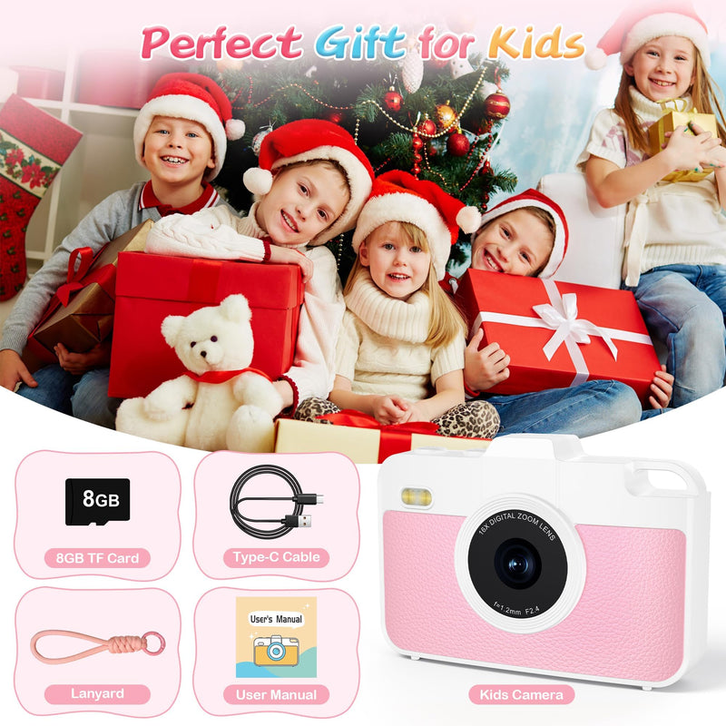 Digital Camera for Kids, 1080P Kids Camera with 16X Zoom, Point and Shoot Digital Camera with Dual Lens, Toddler Camera for Boys Girls, Best Chritmas Birthday Gift Toys for Kid, 8GB TF Card, Blush