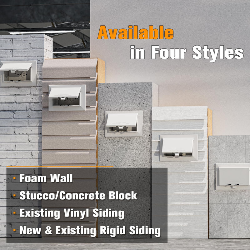 Recessed Outlet Box, DBHS1W-1 Low Profile Electrical Outlet Boxes, Wall Plate Kit for New Vinyl Siding, Enclosed Weatherproof Pack with Duplex & Decorator Style Covers, 1-Gang, Horizontal, White White, Horizontal