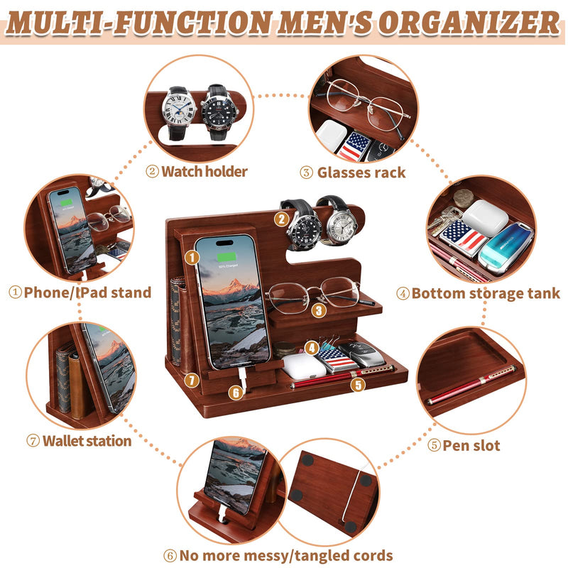 Wood Phone Docking Station - Nightstand Organizer for Cell Phone, Watch, Wallet - Birthday Gift for Dad or Husband Brown