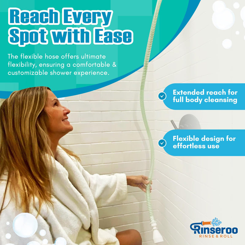Rinseroo: Slip-On Handheld Shower Attachment Hose w/Spray Head-for Seated Bathing. Converts Fixed Shower Head into Handheld Bather. Portable, No-Install Shower Hose Wand for Seniors, RV. Gravity fed. 5 Feet
