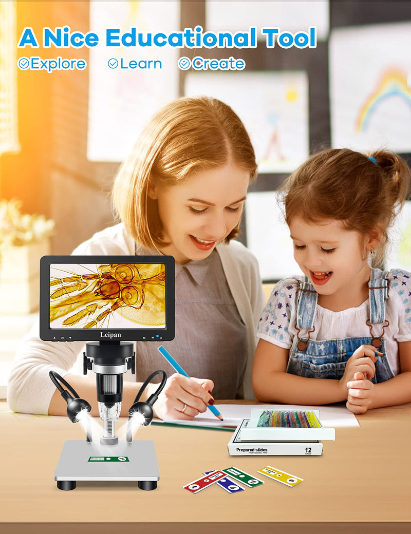 7" LCD Digital Microscope 1200X,Leipan 12MP Coin Microscope with Screen for Adults,1080P Coin Magnifier with 12pcs Slides,Wired Remote,2 Side Lights,Windows/Mac OS Compatible DM9-7" Digital Microscope