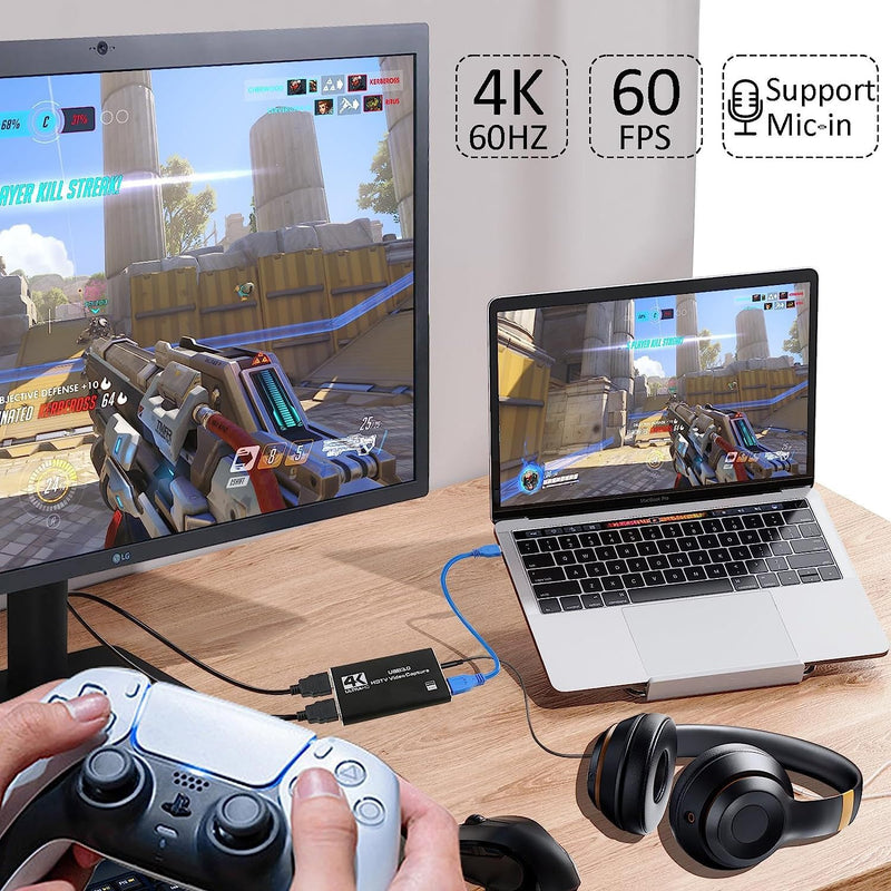 4K 60hz Audio Video Capture Card, USB 3.0 HDMI Video Capture Device, Full HD 1080P for Game Recording, Live Streaming Broadcasting