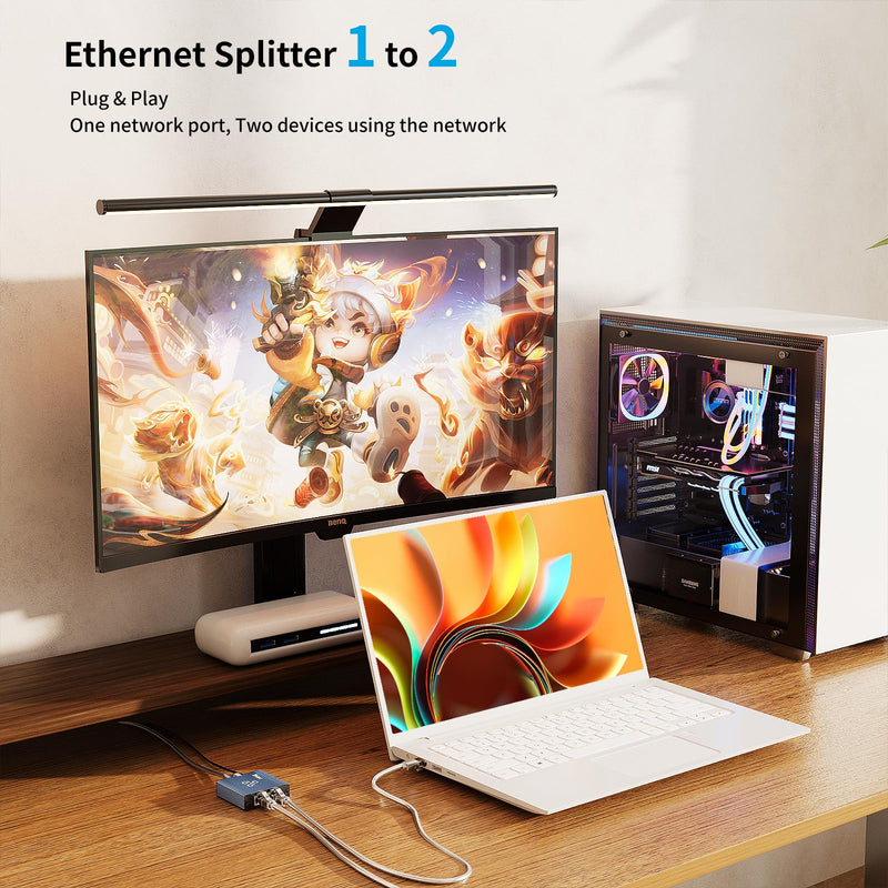 Ethernet Splitter 1 to 2, Gigabit 1000Mbps High-Speed LAN Adapter with Aluminum Housing, USB Powered for Router/TV/Game Consoles, Cat5-Cat8 Cable Compatible 2 Port