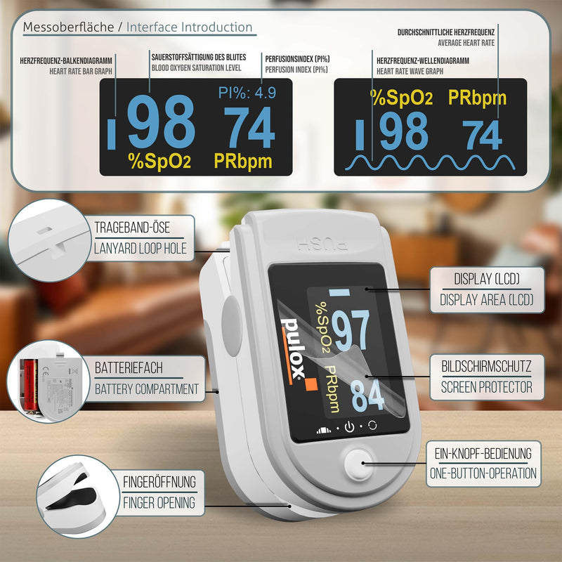 Pulox PO-200 Solo Pulse Oximeter Grey for Measuring SpO2, Pulse and PI | With precision indicator for reliable control of oxygen saturation, heart rate and perfusion index