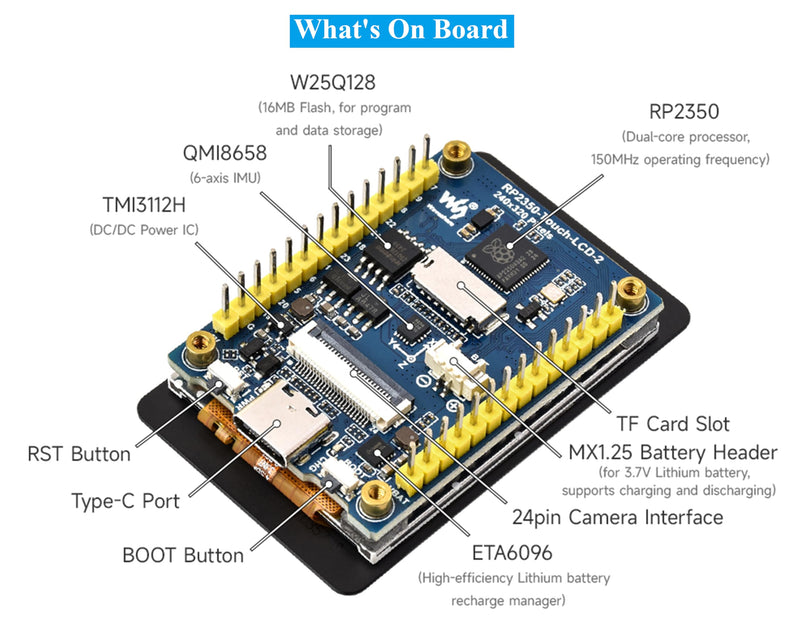 RP2350 2inch Capacitive Touch Display Development Board, Onboard 240x320 Pixels IPS LCD 262K Color 16MB Flash, Tiny Size with Rich Interface Better Expandability, with OV5640 Camera Module