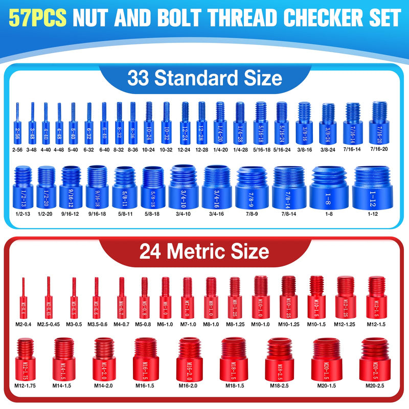 57Pcs Thread Checker, Nut and Bolt Thread Checker 33 Standard and 24 Metric Set, Thread Gauge Suitable for Nut or Bolt Size Finder in Narrow and Tricky Areas 57 Gauges - 33 Inch & 24 Metric
