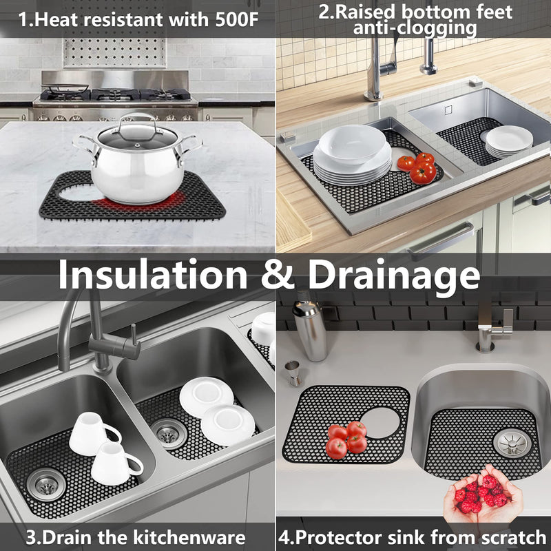 Sink Protectors for Kitchen Sink,2 PCS Silicone Kitchen Mat 13.58"x11.6",Non-Slip Bottom Guard Compatible with Farmhouse/Stainless Steel/Porcelain(Black, Rear Drain) 13.58"x 11.6"-Rear Drain(Black)