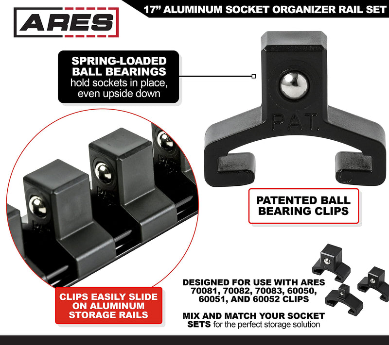 ARES 60123-3-Piece Black 17-Inch Aluminum Socket Rail Set with Locking End Caps - Includes 1/4-Inch, 3/8-Inch, and 1/2-Inch Drive Rails - Each Aluminum Rail Stores up to 16 Sockets 3-Piece Multi-Drive Set