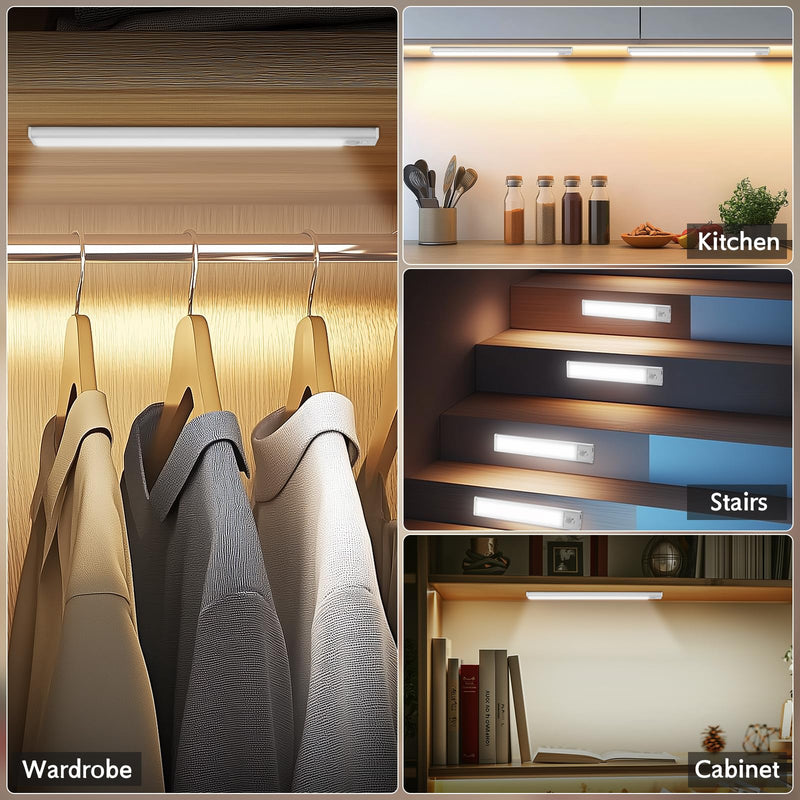 Under Cabinet Lighting Wireless, 4Pack Motion Sensor Light Indoor with 3 Color Temps, Dimmable Closet Lights Battery Operated, LED Magnetic Light, Rechargeable Under Counter Lights for Kitchen Stairs 12inch-4Pack