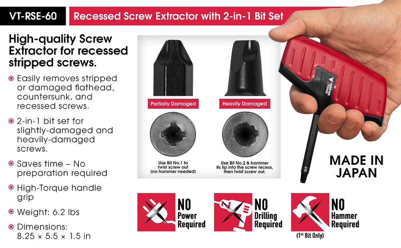 VAMPLIERS Recessed Screw Extractor, Phillips Screw Head 2 Bit Set. Made in Japan. Specially Designed to Remove Damaged/Stripped Countersunk Flathead Screws. High Torque Handle Grip.
