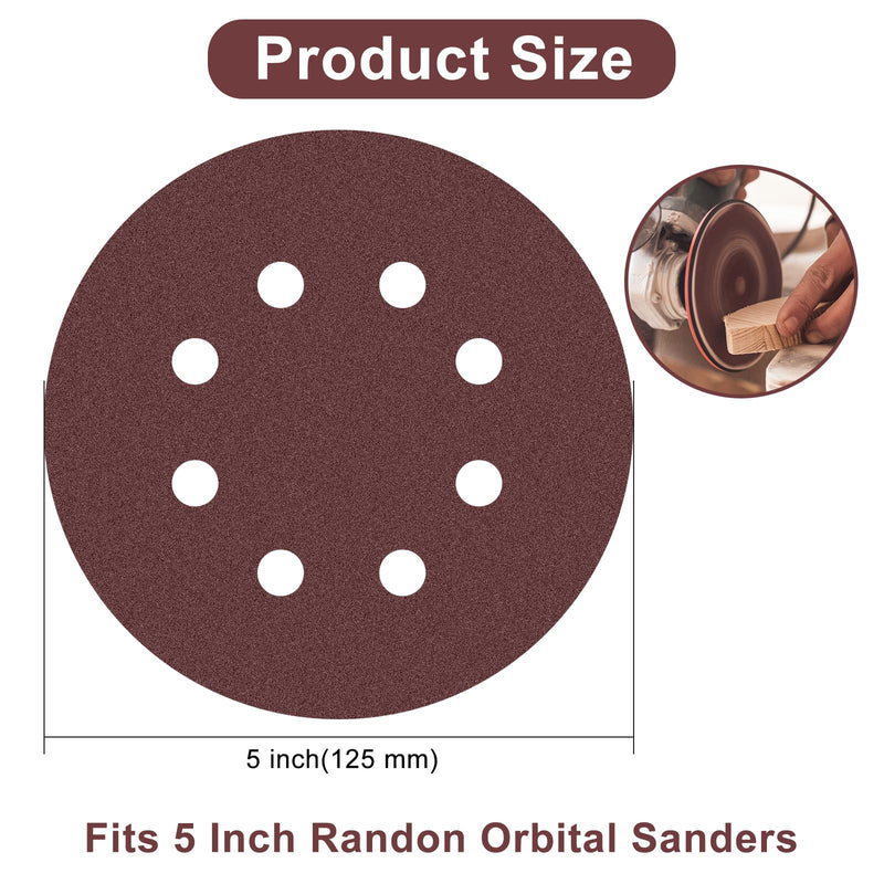 Pack of 50 Sandpaper 125 mm, Sanding Discs for Random Orbital Sanders, 8 Holes, 60/120/240/400/800 Grit for Wood, Metal and Paint