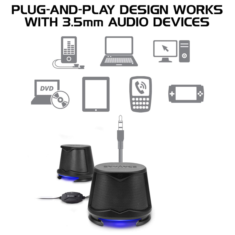 ENHANCE SB2 PC Speakers with Blue LED Glow Lights and 2.0 USB Powered Design - 10W Peak Sound, 3.5mm Wired Connection, in-Line Volume Control - Compatible with Gaming Desktop, Laptop, PC - Black