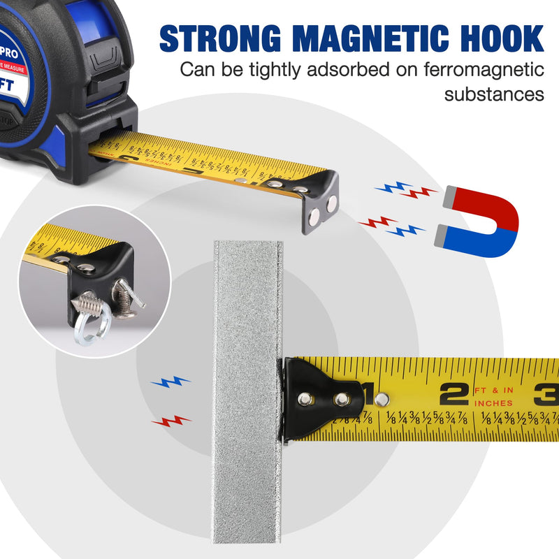 WORKPRO Heavy Duty Tape Measure, 2 Pcs 25FT Retractable Tape Measurement, Double Retract Long Stand Measuring Tape Accuracy 1/32 for Engineer, with Magnetic Hook, Belt Clip, Rubber Protective Casing Blue