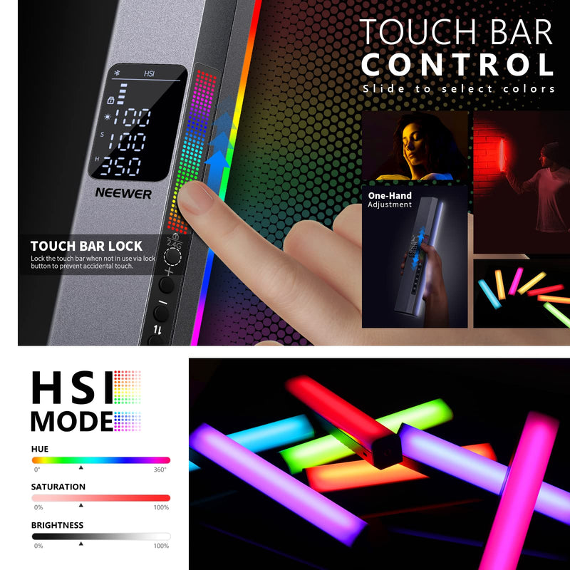 NEEWER RGB LED Video Light Stick, Touch Bar & APP Control, Magnetic Handheld Photography Lighting Wand, Dimmable 3200K~5600K CRI98+ Full Color LED Light with 6400mAh Battery, 17 Scenes, RGB1 RGB1-Silver