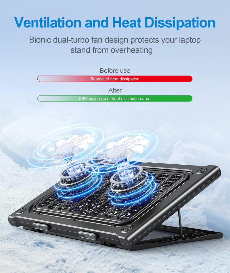 Laptop Cooling Pad Stand, Laptop Cooler with 2 Silent Fans for 10-15.6 Inch Laptops,6 Levels of Height Adjustable Wind Speed with 2 USB Ports (Black) Black
