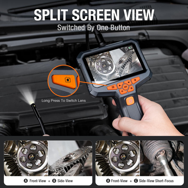 Dual Lens Endoscope Camera with Light, Teslong 4.3" HD Snake Borescope Inspection Camera, Automotive Scope Cam with Flexible Cable, Home Waterproof Fiber Optic for Sewer Drain Pipe (3.3FT) 3.3FT