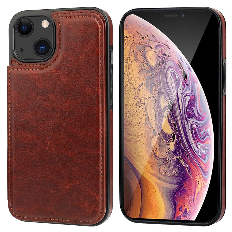 Compatible with iPhone 13 Wallet Case with Card Holder, PU Leather Kickstand Card Slots Case, Double Magnetic Clasp Durable Shockproof Cover 6.1 Inch(Brown) Brown