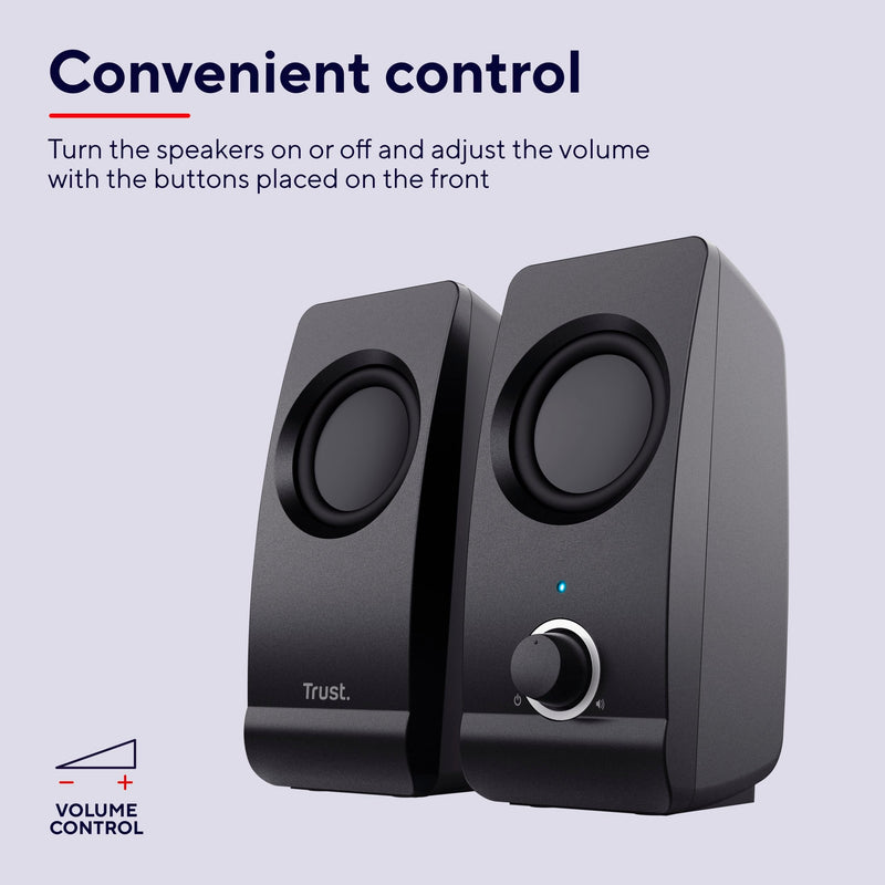 Trust Remo 2.0 PC Speakers, 16W (8W RMS), USB Powered, Jack 3.5mm, Stereo Speaker Set with Volume Control, Compact Sound System for Computer and Laptop - Black Remo 16 W