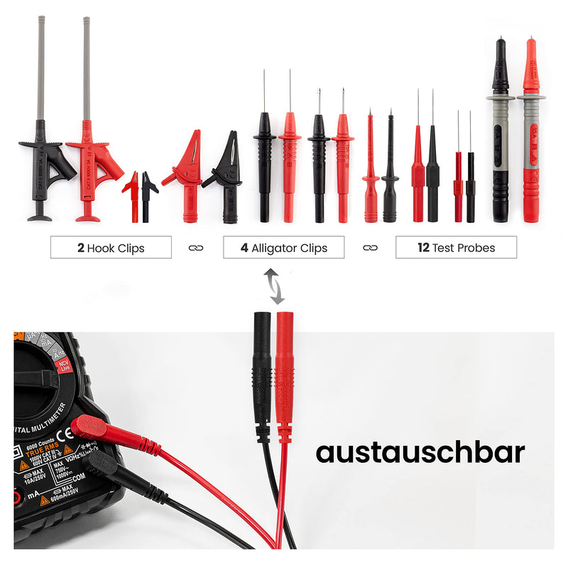 KAIWEETS Test Leads Test Cable Kits 23-Piece Electronic Cable with Alligator Clips, Tweezers, Hooks, Insulated Piercing Needle, Interchangeable Test Probe Kit for Digital Multimeter red, black