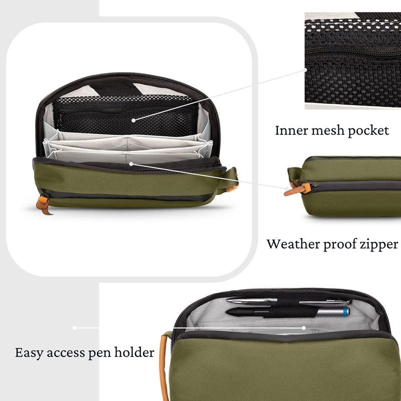 TRIPPED Travel Gear Tech Bag Organizer - Small Electronics Organizer Pouch for Travel - Premium Travel Case with Leather Accents - Mesh Pocket for Cables, Cords and Chargers Green