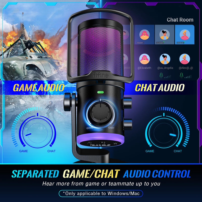 FIFINE Gaming PC Microphone, USB Streaming Microphone with Game Chat Balance, Computer Condenser Desktop RGB Mic with Mute Button, Noise Cancellation for Podcast/Twitch/Discord-AMPLIGAME AM6