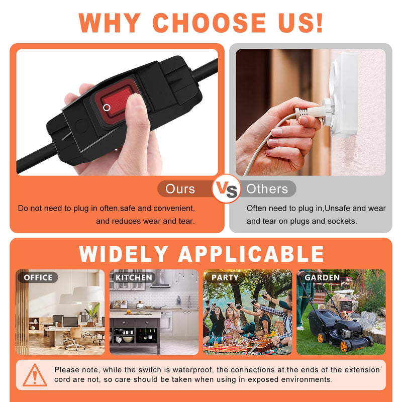 Knoweasy 2 Ft Outdoor Extension Cord with Switch On/Off: 14AWG 3 Prong Waterproof Cord, 15A 125V, Lighted Inline Power Switch for Electrical Equipment - Switched Extension Cord