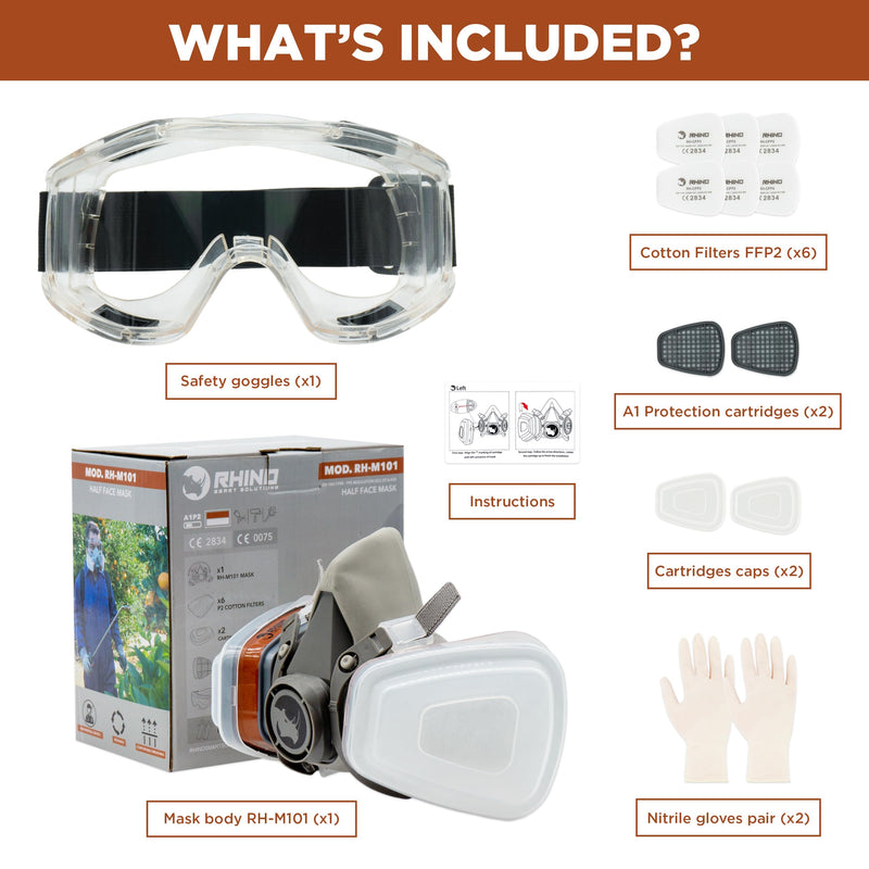 RHINO Smart Solutions Face Protection (Half-Sided) Anti-Dust Reusable with Glasses, Gloves, 6 Particle Protection Filters for Industrial Painting, Gas, Protection, Crafts, Painting, Steam